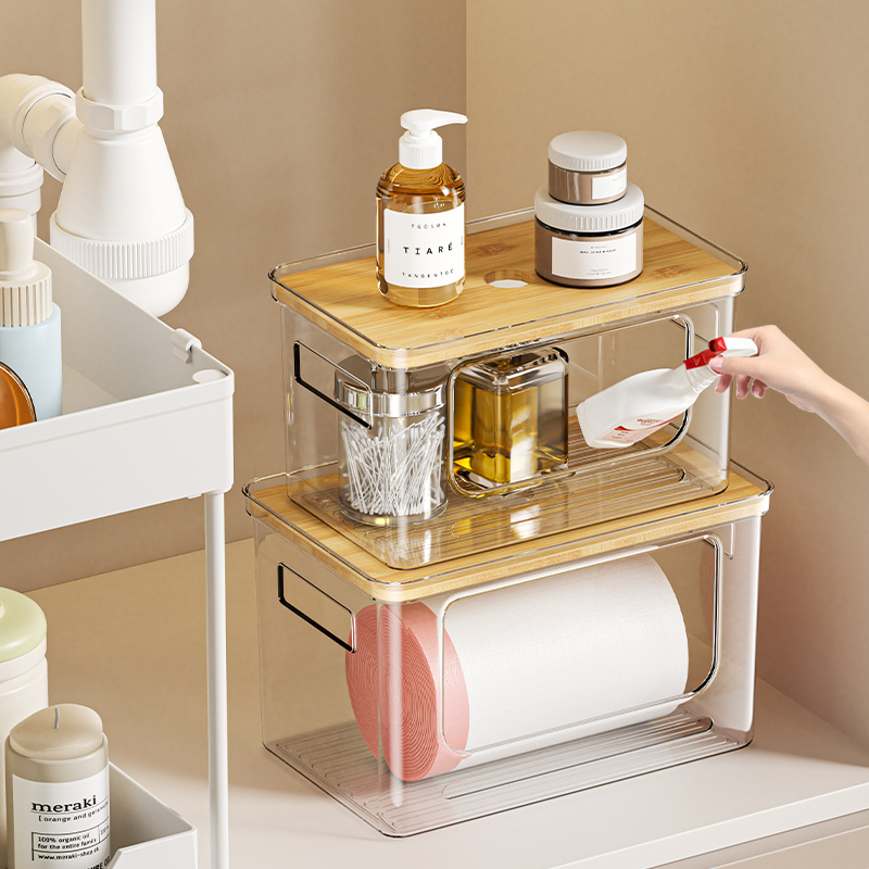 クリアスタッカブルオープンフロントストレージコンテナスタッカブルラック竹蓋キッチンパントリー冷蔵庫オーガナイザーペットプラスチックビン