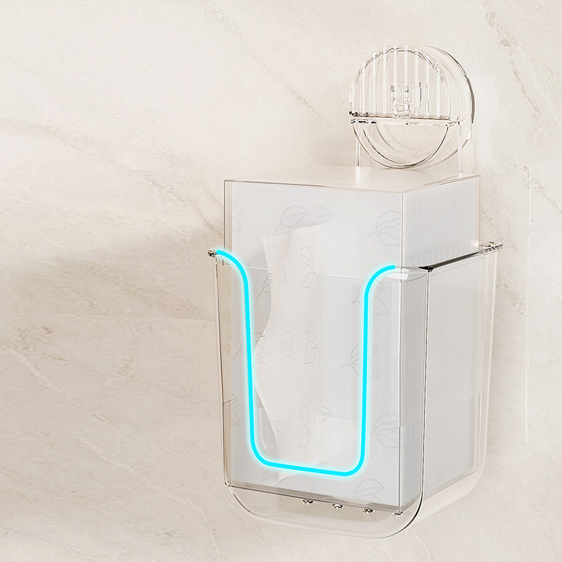 アクリル製の吸盤式壁掛けティッシュボックスで、フェイシャルティッシュやティッシュの収納に使用します。
