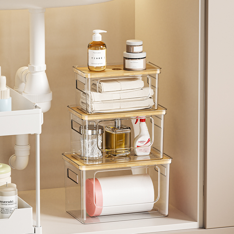 クリアスタッカブルオープンフロントストレージコンテナスタッカブルラック竹蓋キッチンパントリー冷蔵庫オーガナイザーペットプラスチックビン