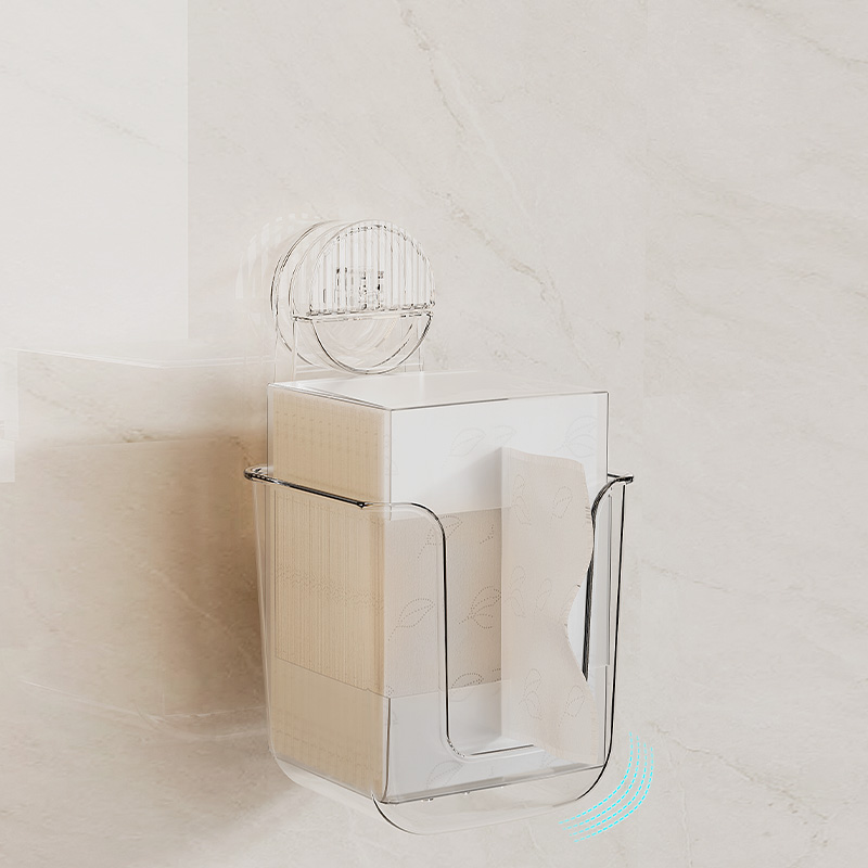 アクリル製の吸盤式壁掛けティッシュボックスで、フェイシャルティッシュやティッシュの収納に使用します。